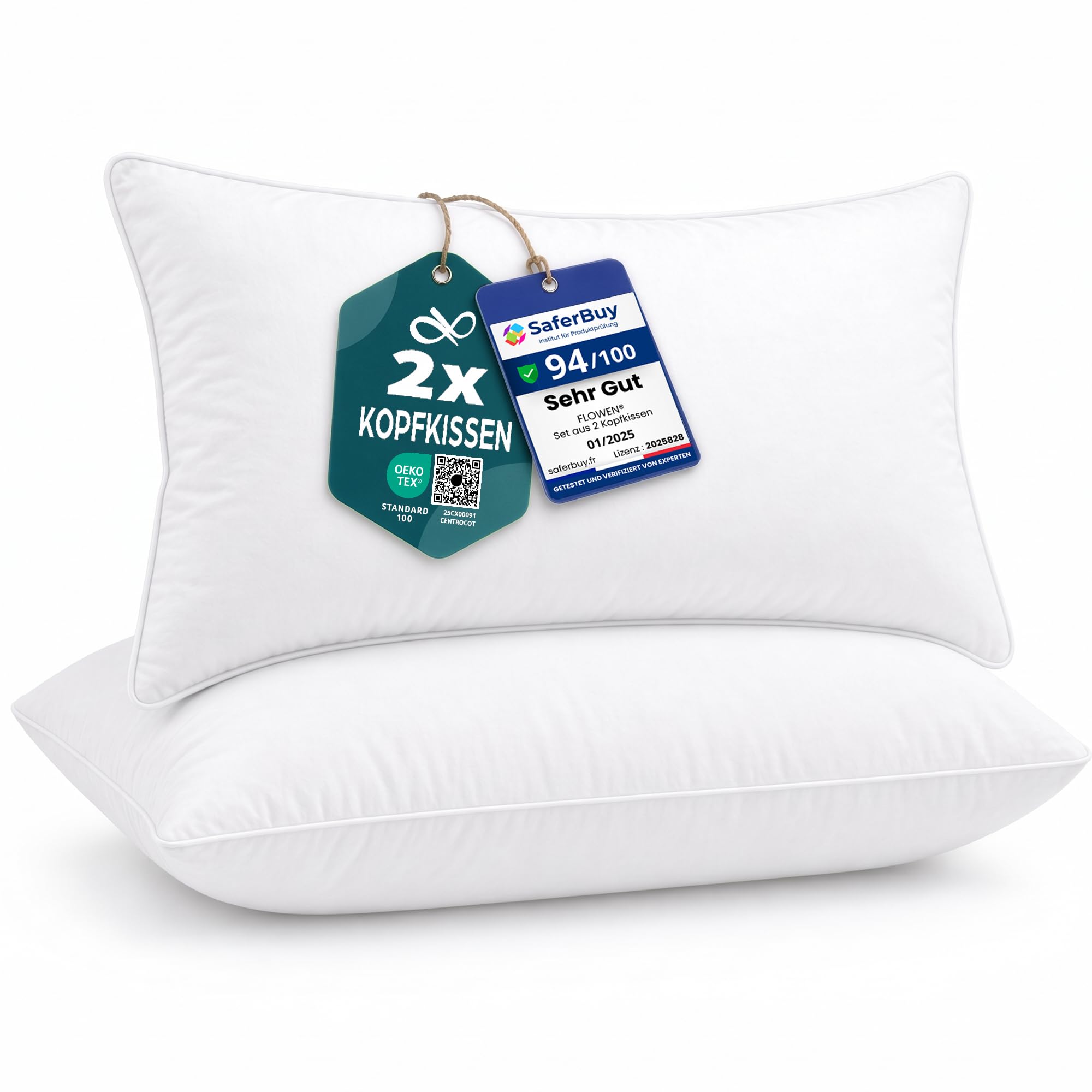 Flowen Kissen für Bett 40x80 cm Kopfkissen 2er Set Innenkissen Hypoallergene Anti-Milben Weiche Kissenfüllung mit Kissenbezug Mikrofaser Abnehmbarem und Waschbaren Schlafkissen für Haus/Hotel