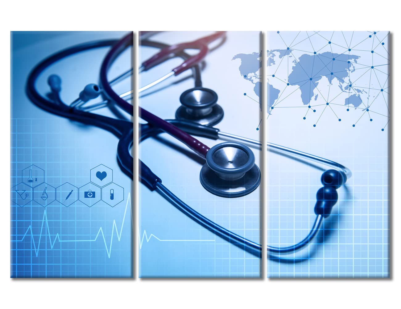 TUMOVO Medical background Artwork Wall Art for Living Room 3 Piece Stethoscope Poster Wall Decor for Bedroom Medical Contemporary Home Decor Framed Ready to Hang, 60" Wx40 H