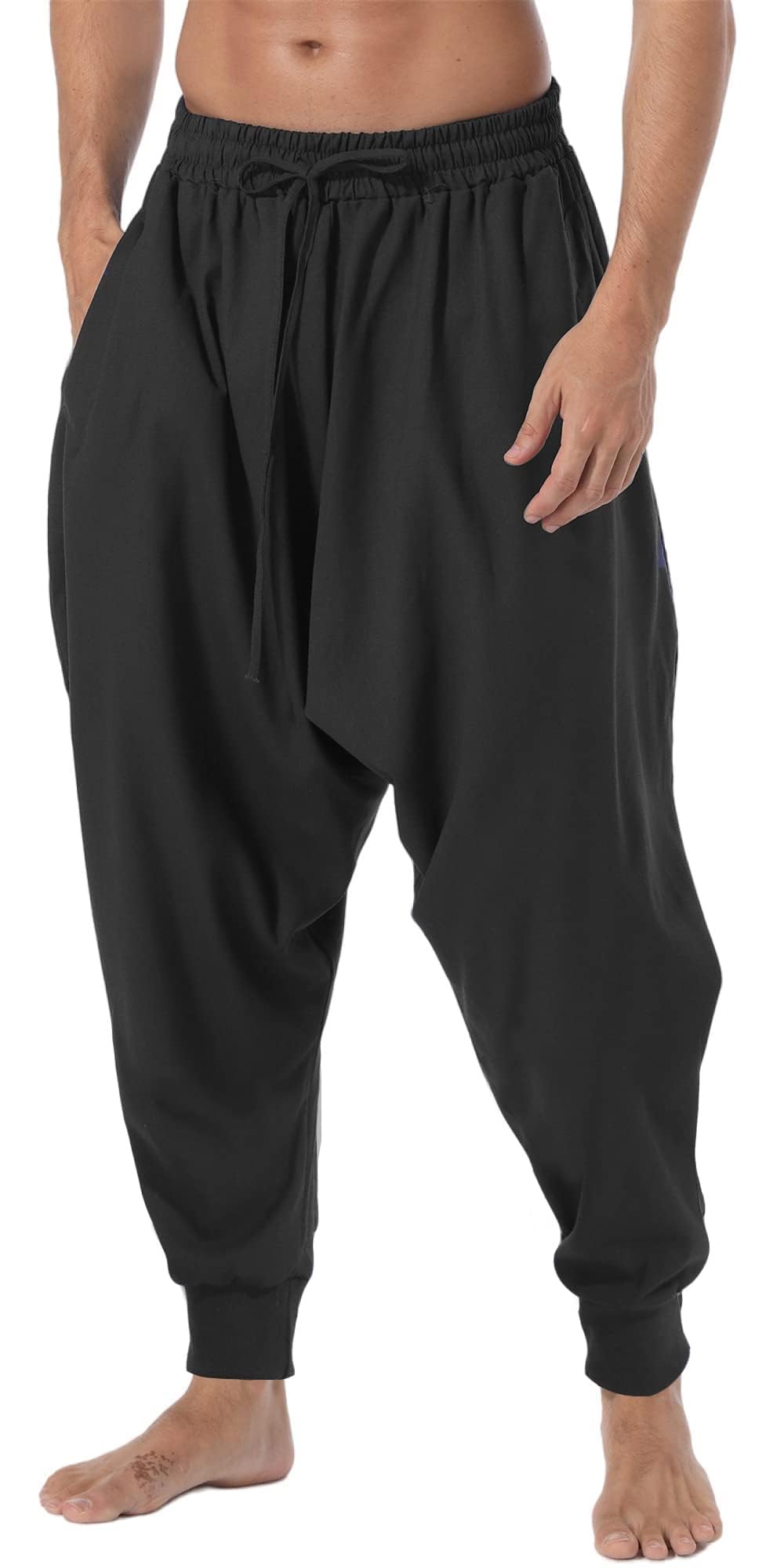 AITFINEISM, Pantaloni harem da uomo, comodi, con vita elasticizzata, alla moda, in tinta unita, casual, in stile hippie, per yoga