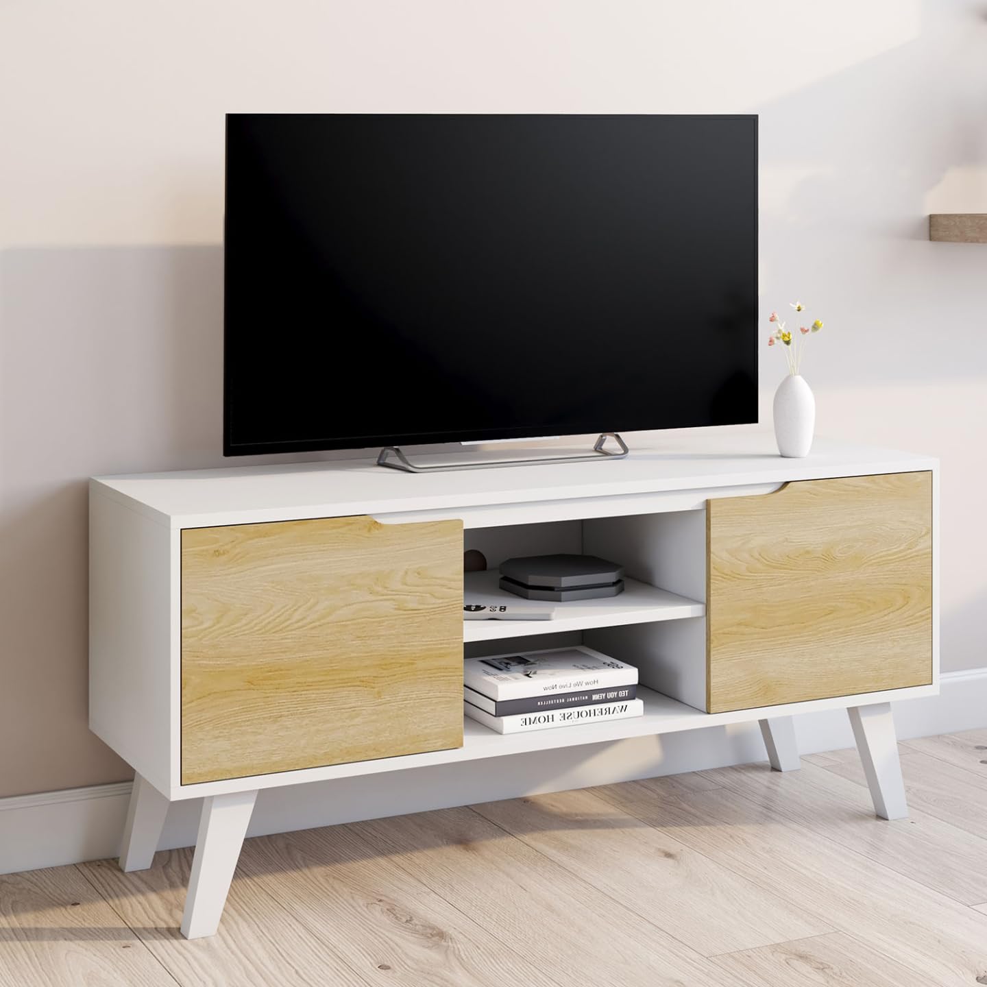 IDMarket - Meuble TV 110 cm FINN Blanc 2 Portes façon hêtre