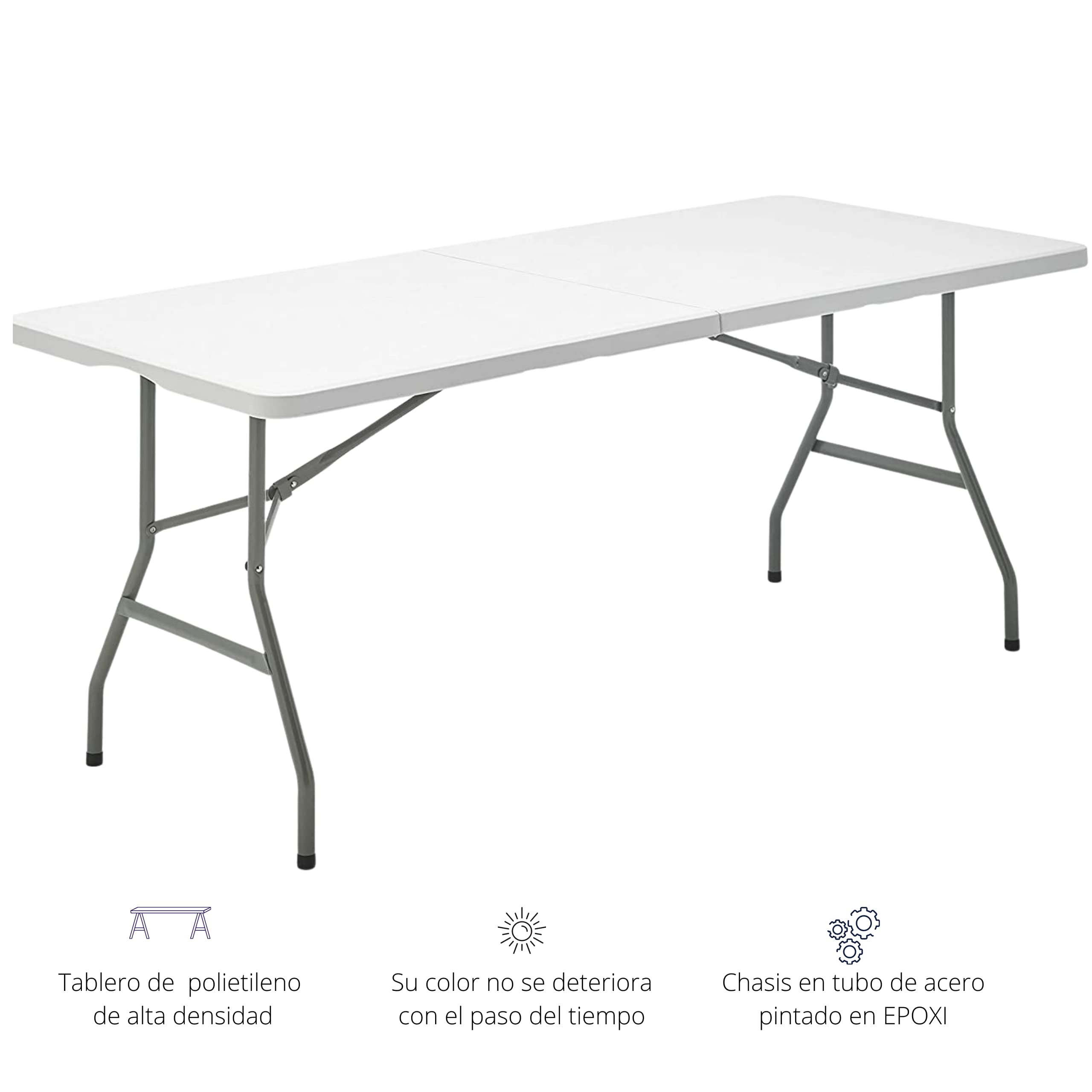Mesa de resina plegable rectangular color blanco crudo de 240x76x74cm, chasis tubular 25mm pintado EPOXI, sin mantenimiento ,fácil almacenaje, ideal para reuniones con familiares o amigos.