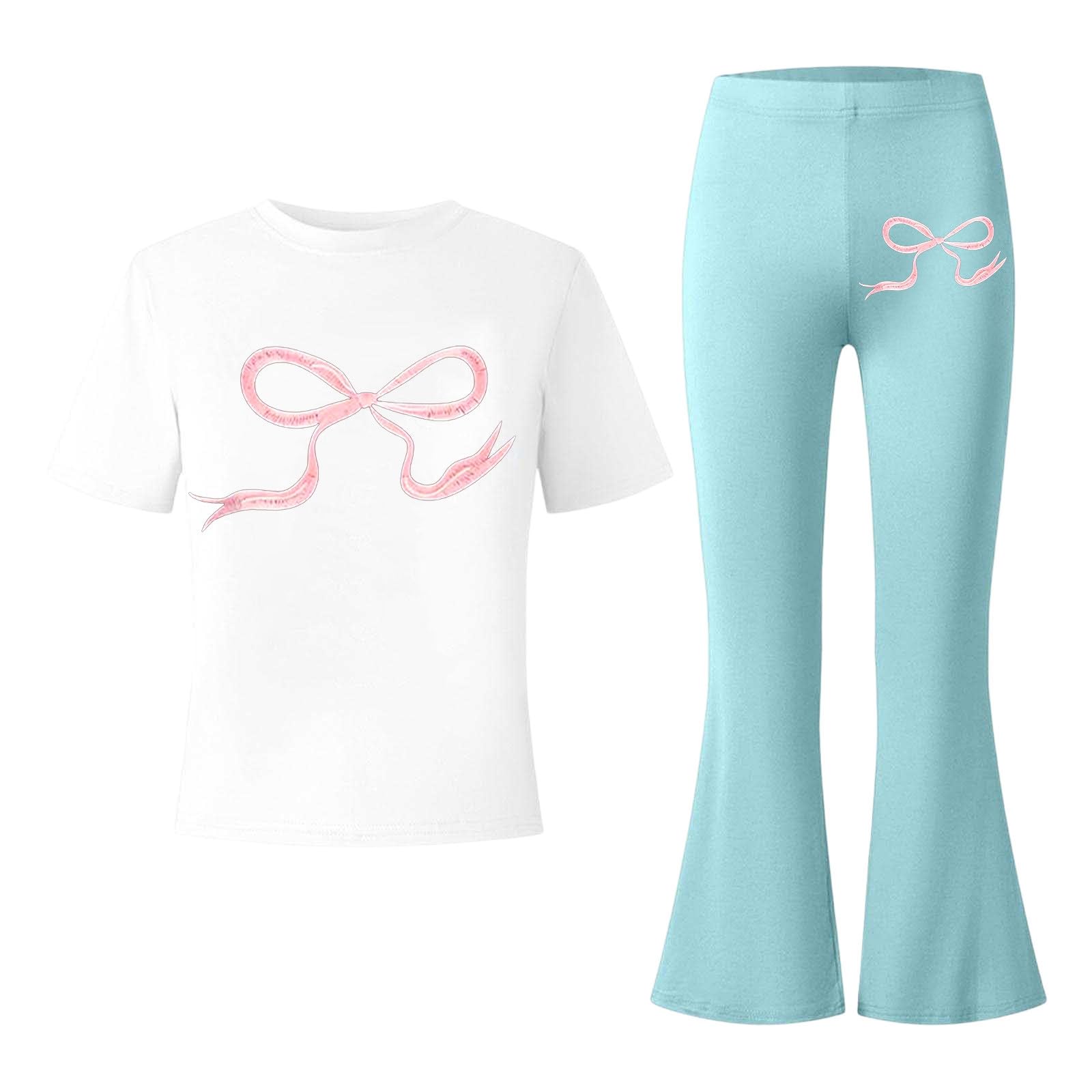 Ensemble Enfant, Deux Pièces Coordonné Pour Filles Et Enfants, Comprenant Un Pantalon Évasé Et Un Imprimé Nœud. Tenue Décontractée Élégante Avec Nœud., Style Décontracté Pour Enfant
