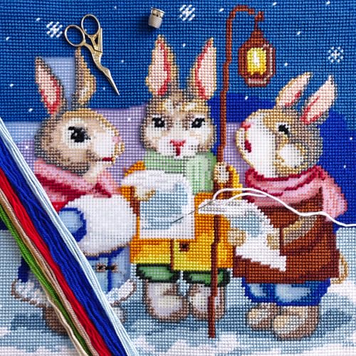 Image of Brvsk Christmas Needlepoint Kit for Adults and Beginners - Hares' Carols 16″ x 16″ with Clear, Precise Printed Design on Cotton Canvas; Includes 2 Needles, Yarn, and Easy-Read Chart