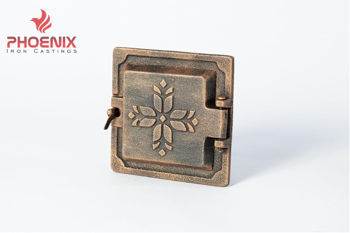 Cast Iron Oven Door 14.5 x 14.5 cm, Handmade Inspection Door, Ash Container Door, Small Oven Door, Heat Resistant - Premium Door for Fireplace with Mounting Shafts (Antique Copper)