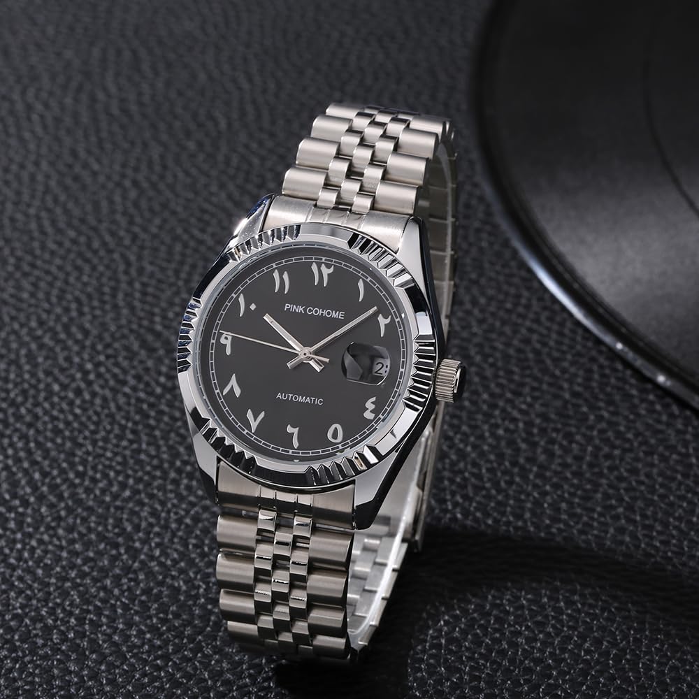 Boyarca Orologi meccanici di lusso in acciaio con numeri arabi, movimento automatico, numeri in urdu, orologio meccanico da polso da uomo da 38 mm con data impermeabile luminosa