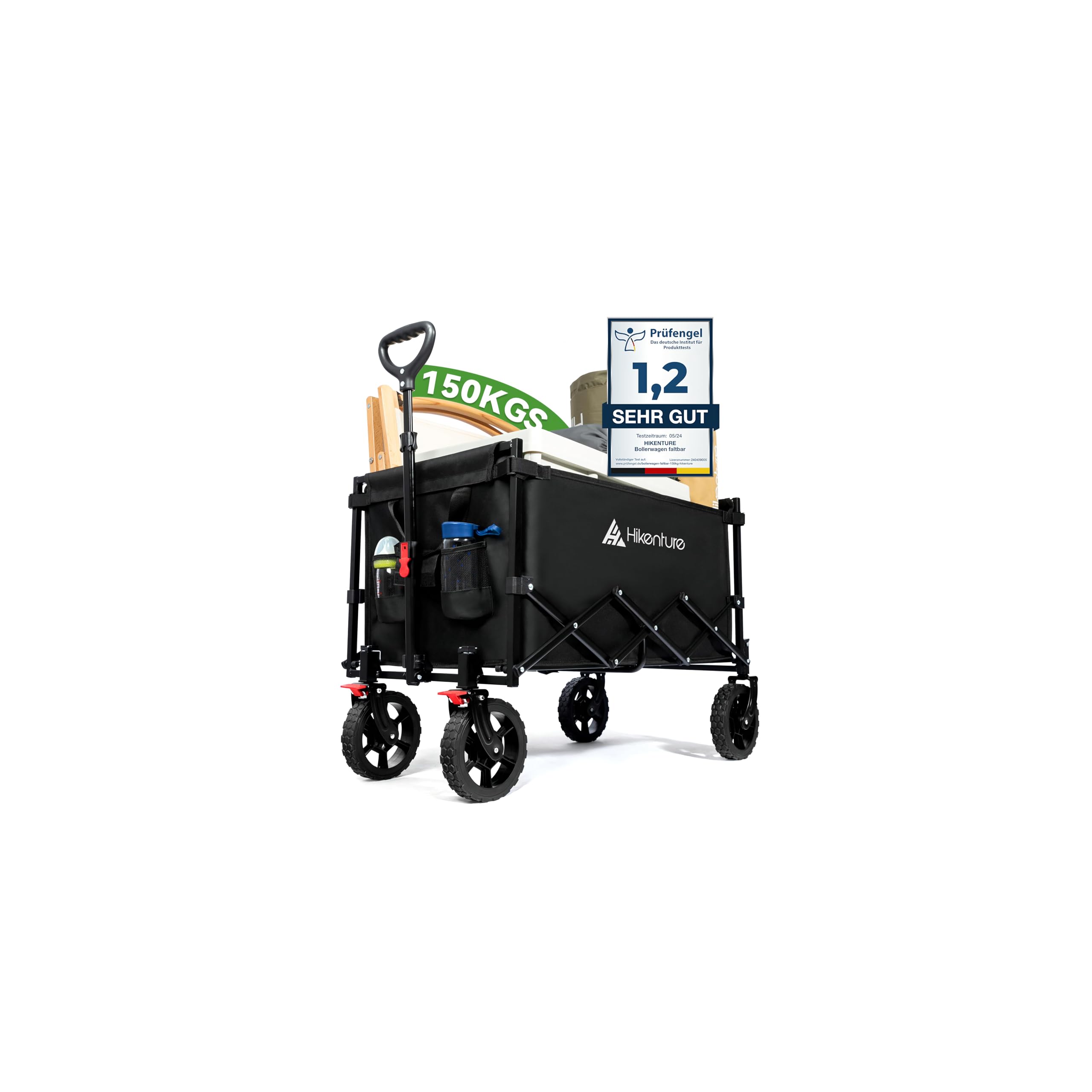 HIKENTURE Bollerwagen Faltbar mit Bremen - 140 Liter Volumen & 150KG belastbar - Extrem Faltbarer Bollerwagen - Klappbarer Handwagen Einkaufstrolley für Strand Camping Einkauf