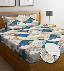 NEW BLATT'S Premium Cotton Elastic Fitted Bedsheets with 2 King Size Pillow Covers | Double Bed with All Around Elastic 180 TC Supersoft | Size - 72 King Sizex78+10 inches | Textures, Teal & Beige