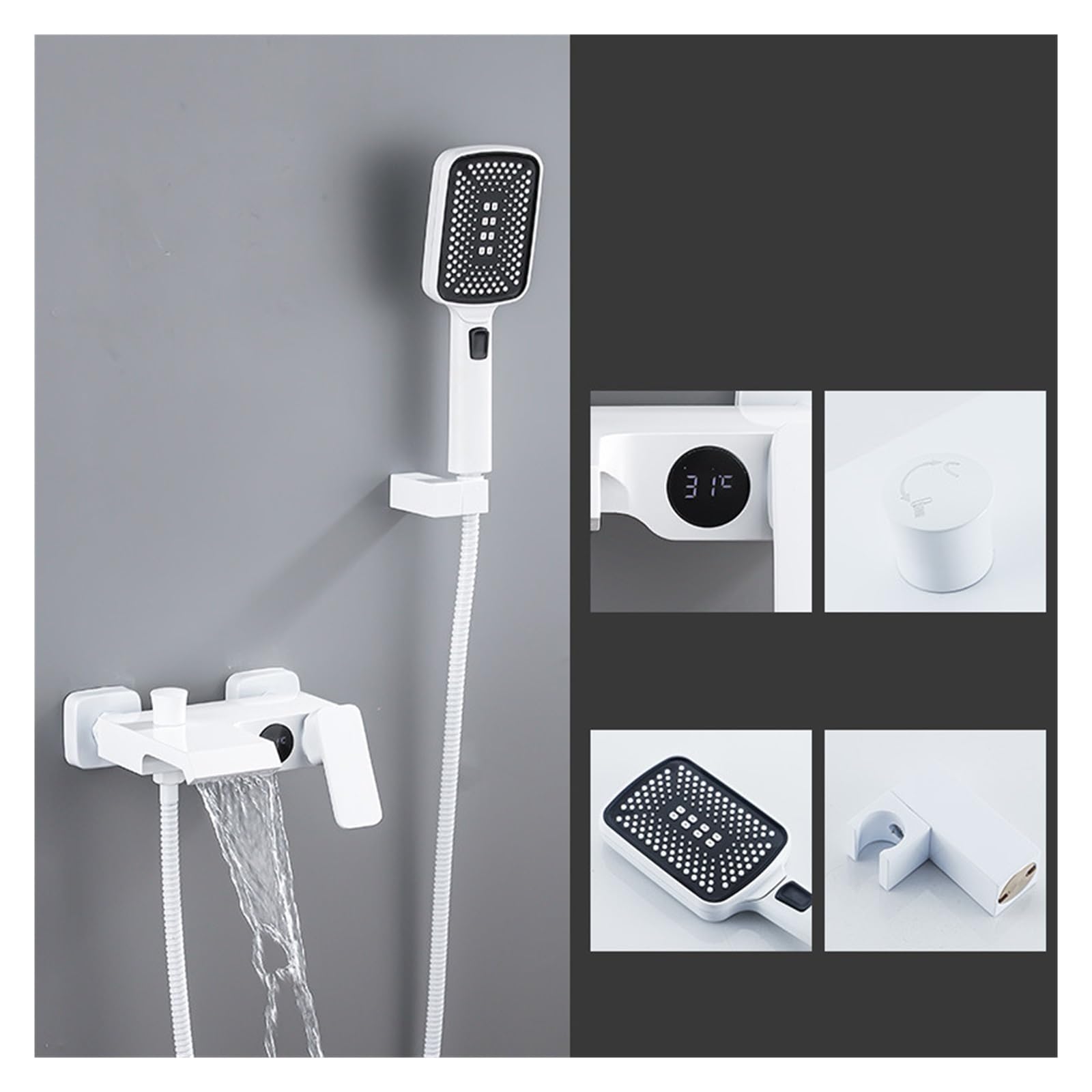 Bathroom Digital Shower Set ，Waterfall Bathtub Mixer Hot and Cold Gun Gray Faucet， Temperature Constant Tap(Hot Cold White)