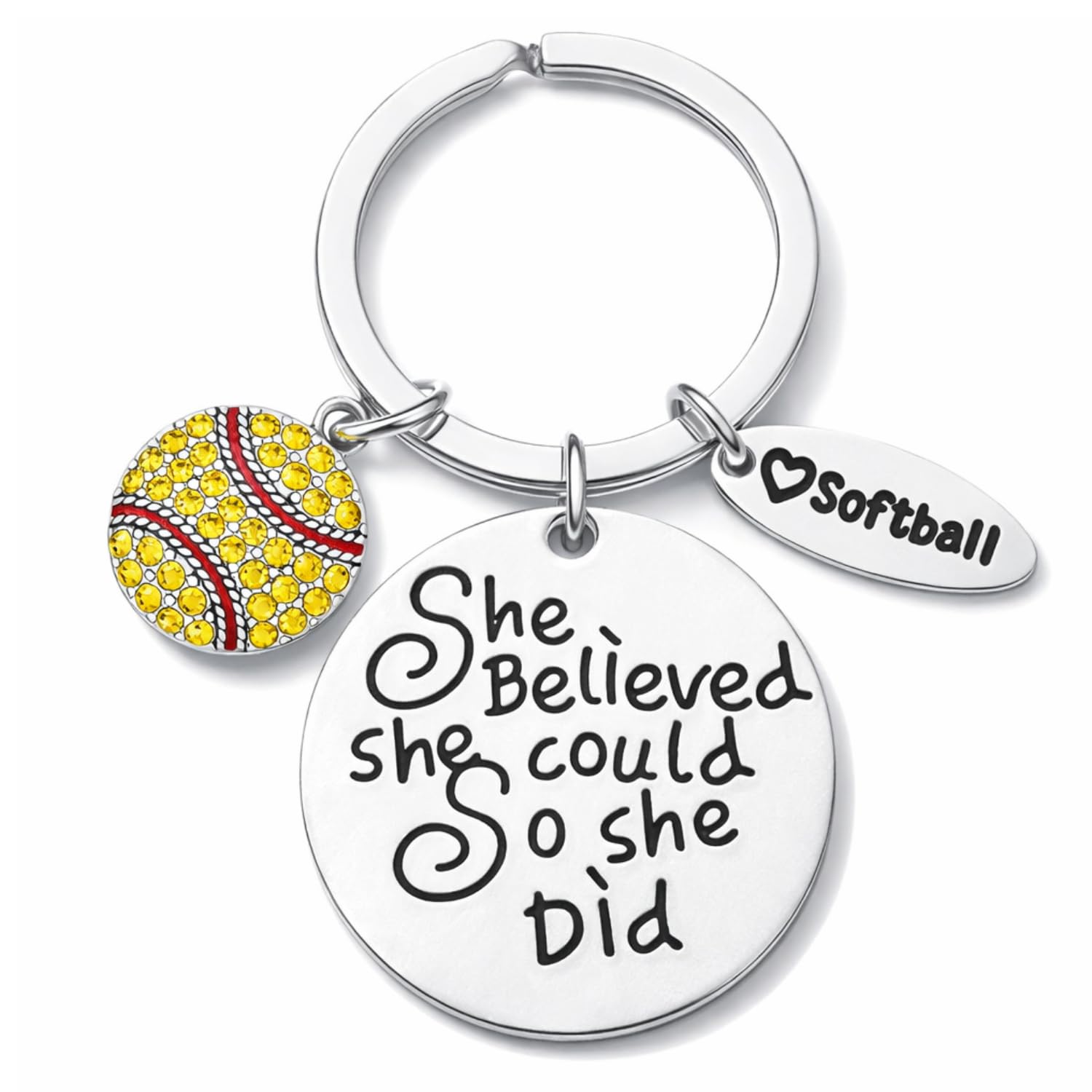 Sportybella Softball Keychain, She Believed She Could So She Did Charm with Rhinestone Ball and Heart Pendant, Sports Accessories and Gifts for