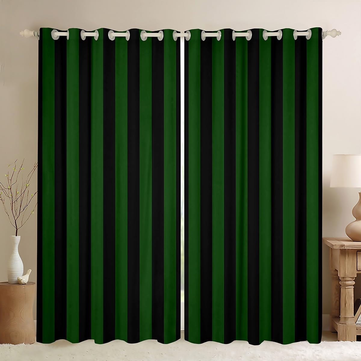 Homemissing Dark Green Black Curtain for Kids Boys Girls Abstract Stripes Window Drapes (2 Panels, W52*L63) Geometric 30%-50% Blackout Shades Bedroom Decor Breathable Soft Microfiber Modern