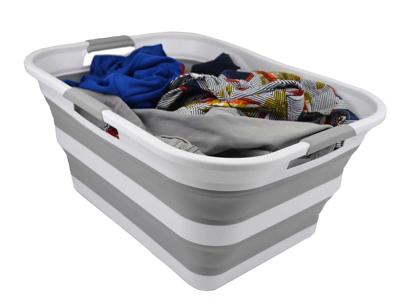 SAMMART Cesto Portabiancheria Pieghevole 42L - Contenitore Salvaspazio In Plastica Con Design Pop Up, Bianco E Grigio - 3