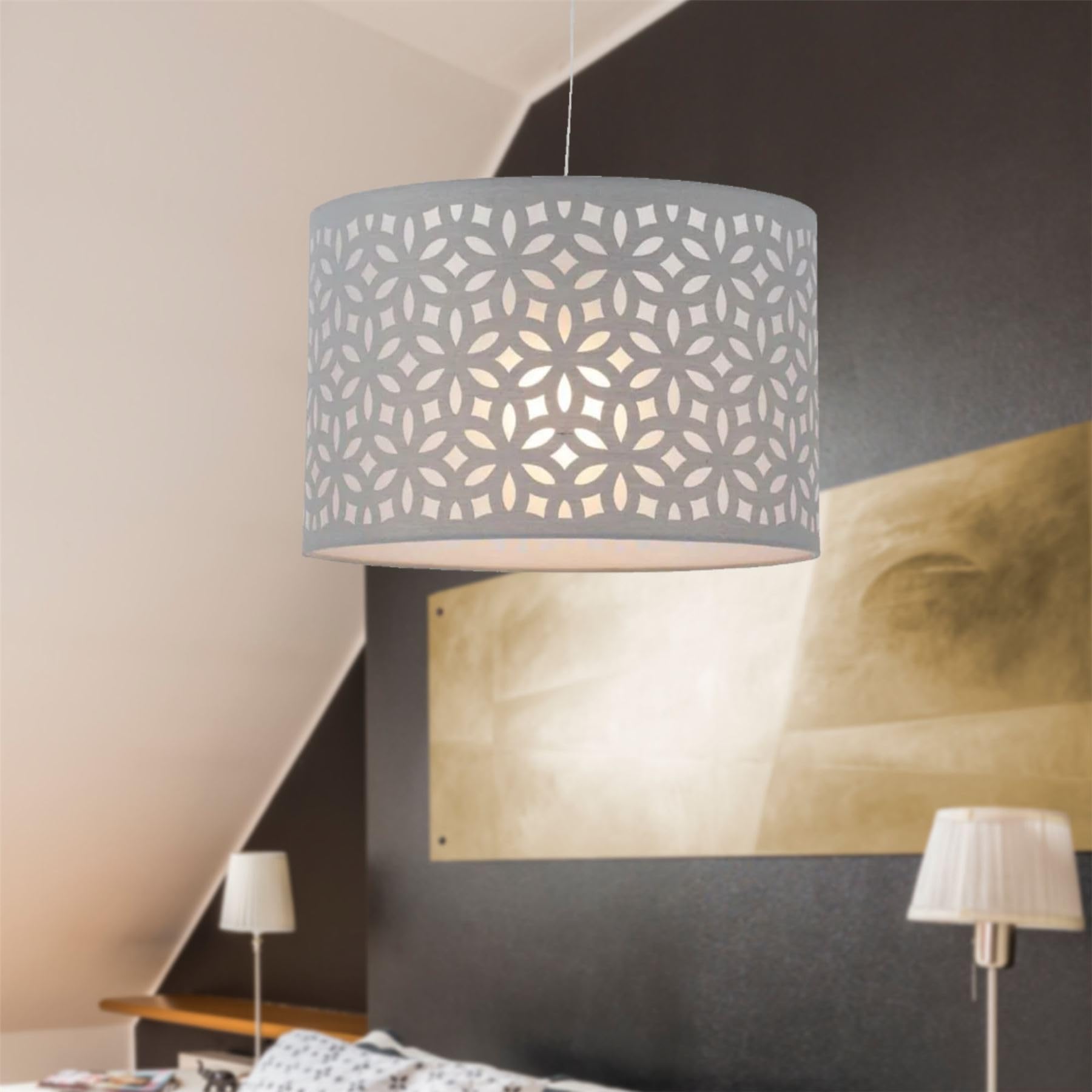 Firstchoicelighting Grey Pendant Shade, Easy Fit Ceiling Lightshade, Modern Cut Out Design, Diameter 30Cm