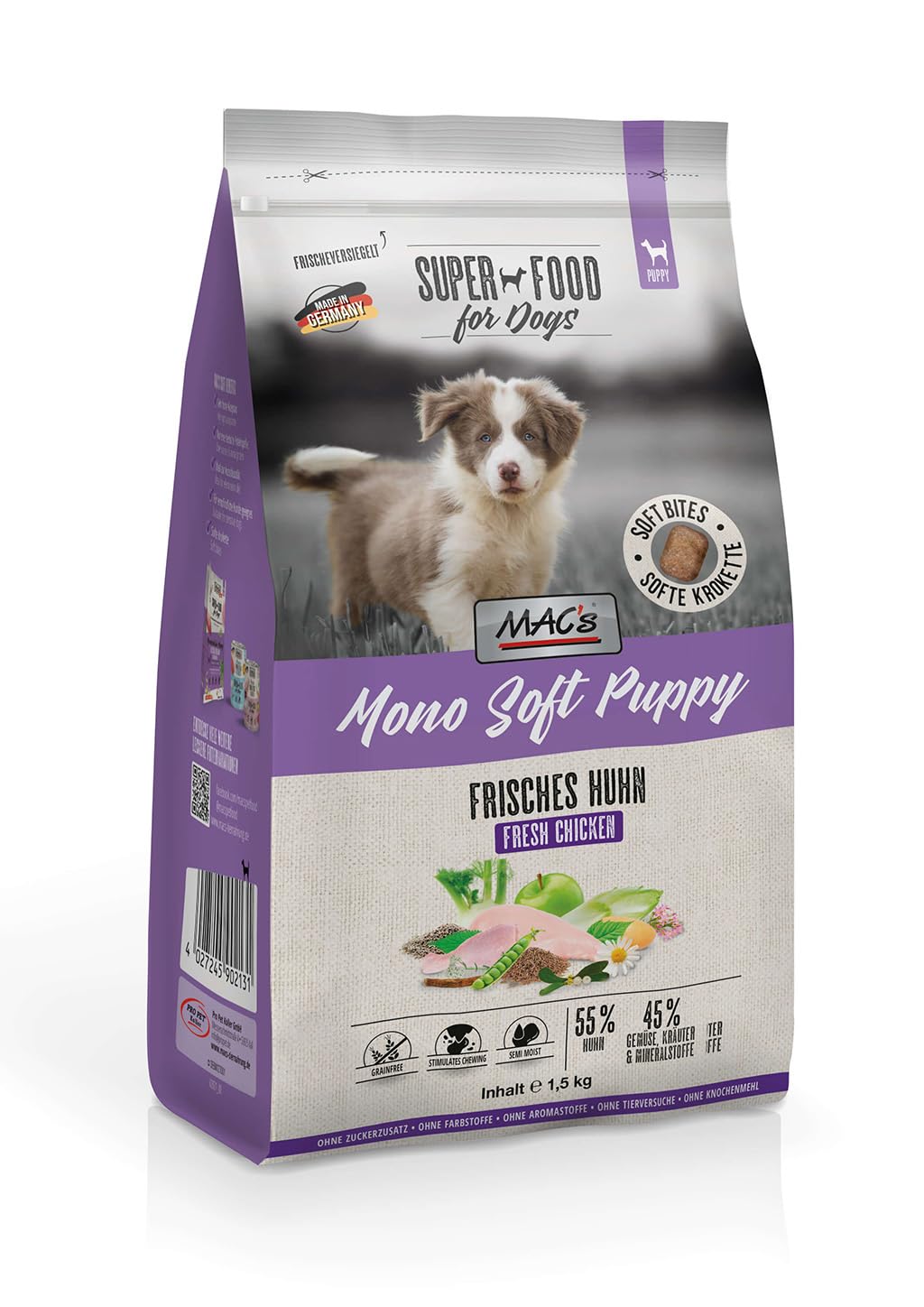 Bundle MAC’s Dog Mono Soft Puppy Frisches Huhn 4kg | Halbfeuchtes Welpenfutter | Monoprotein | Getreidefrei | Softfutter für empfindliche Welpen | inkl. Snack