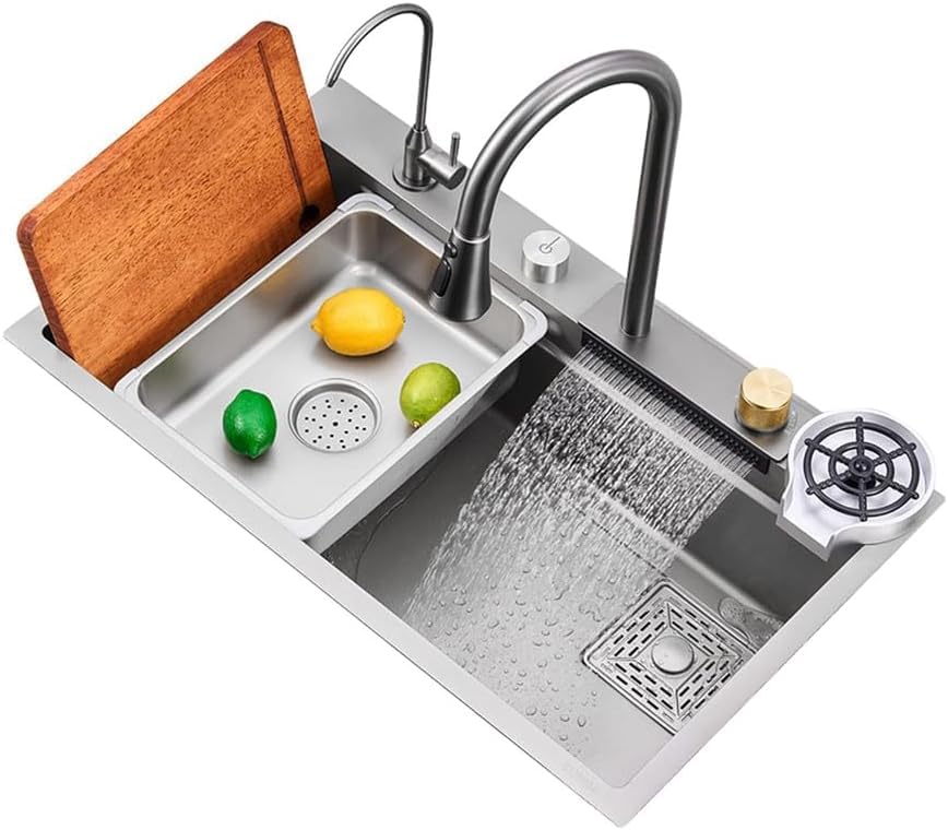 UMAVANSHI Nano 304 Grade Stainless Steel Single Bowl Handmade Silver Color Kitchen Sink With Waterfall Faucet/Abs Soap Dispenser/Cup Washer / 2-Drain Basket, 30x18 Inches, Silver (Grey)