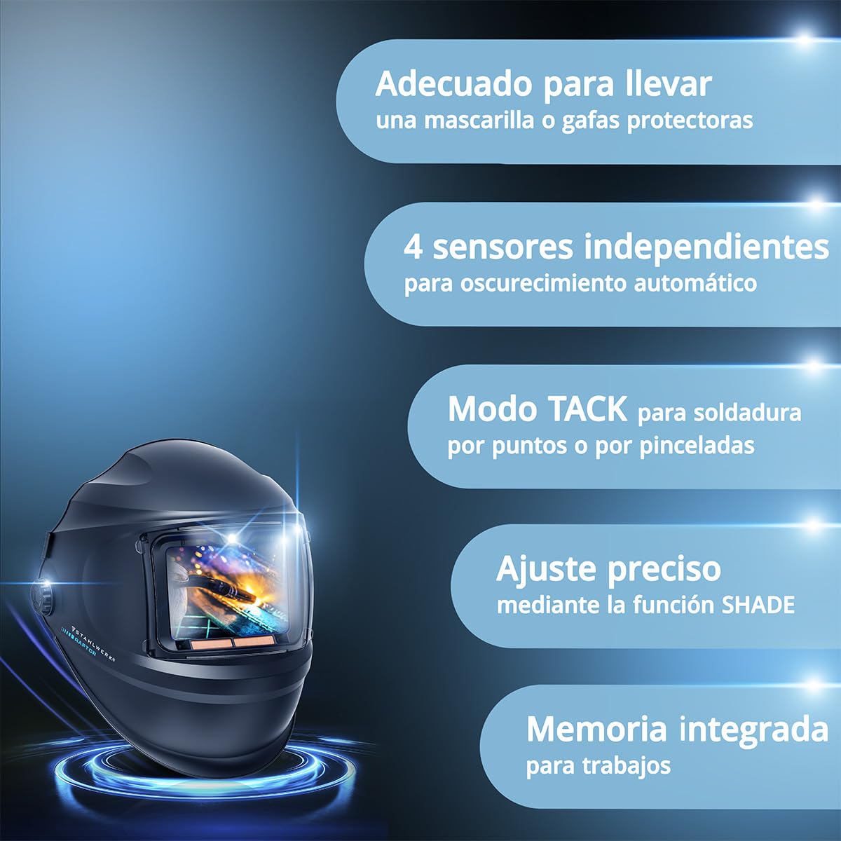 STAHLWERK Casco de Soldadura automático 3 en 1 Raptor – True Colour, luz LED, oscurecimiento automático DIN 4-13, Clase óptica 1/1/1/2, Campo Visual 116 x 81 mm, Pantalla de Soldadura, máscara