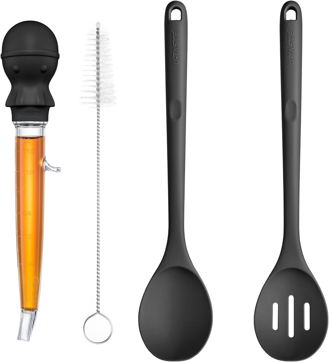 U-Taste 228.2℉ Heat Resistant 1.5 oz Angled Turkey Baster for Basting Meat, and 600℉Heat Proof Long Non-Scratch Silicone Solid & Slotted Set of 2 Cooking Spoon for Mixing & Serving (Black)