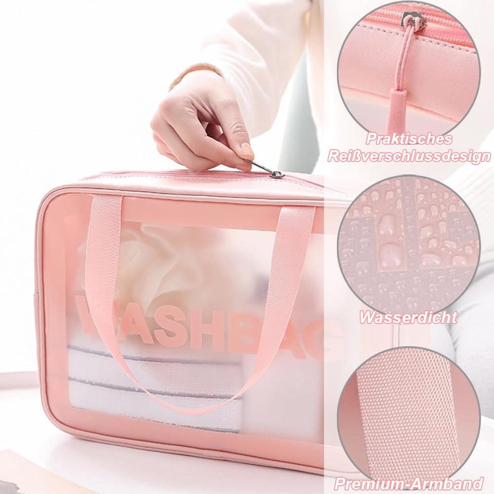 Beauty case trasparente, 3 pezzi, con maniglia per il trasporto