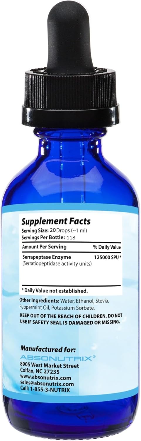 Absonutrix Serrapeptase Enzyme 583mg,125000 spu, 4 Oz Drops, 118 Servings, Made in USA, Quick Absorption, Quality Ingredients, Third-Party Tested, Non-GMO, GMP Certified, Cruelty Free Products