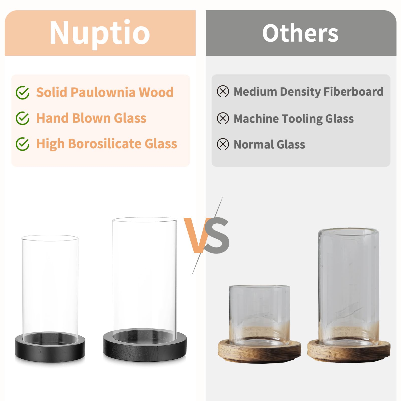 NUPTIO Photophore en Verre Bougeoir en Bois : Set De 2 Verres Photophores Cylindre en Noir Vase Grande Bougie À Réchaud Bougeoir De Table Décoration De Table Noël Mariage Outdoor