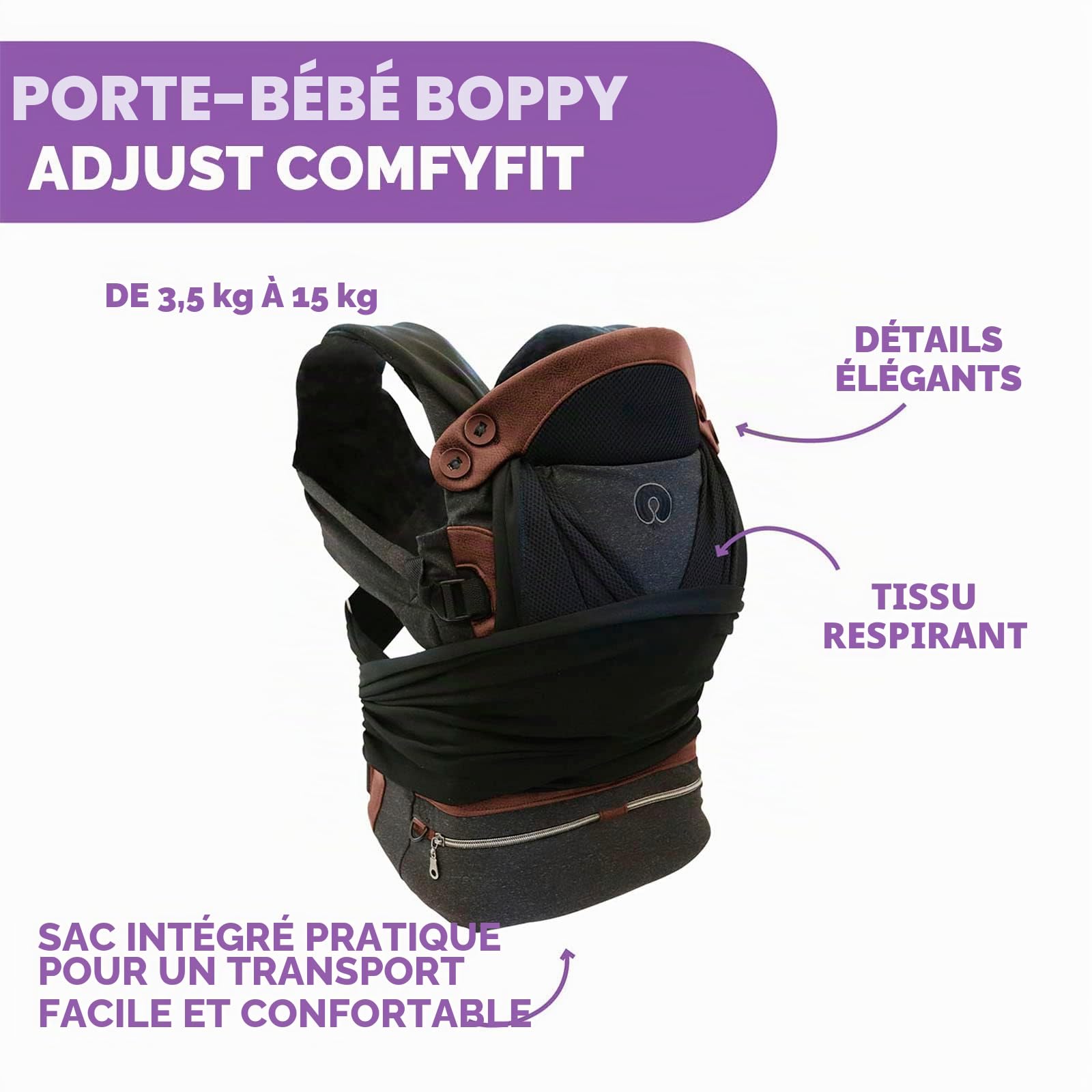 Chicco, Boppy Comfyfit Ajust, facile à porter et ajustable, porte-bébé ergonomique avec soutien de la tête et de la nuque, noir