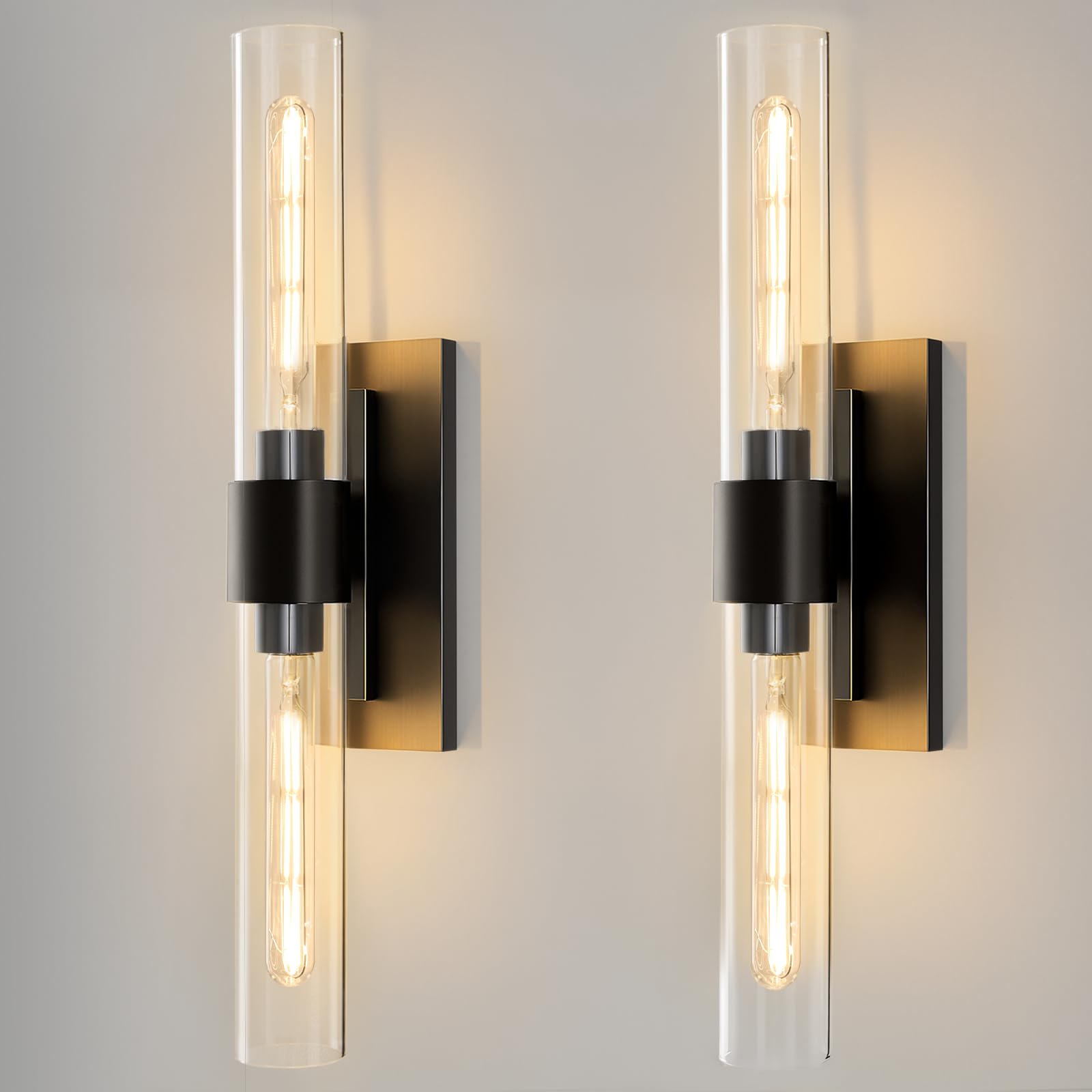 Photo 1 of Black Brass Bathroom Wall Sconce - Set of 2 Modern Linear Light Sconces - Clear Glass Tube Vanity Lights - Vertical or Horizontal Mounted Dimmable Lighting Fixtures for Indoor Living Room Hallway