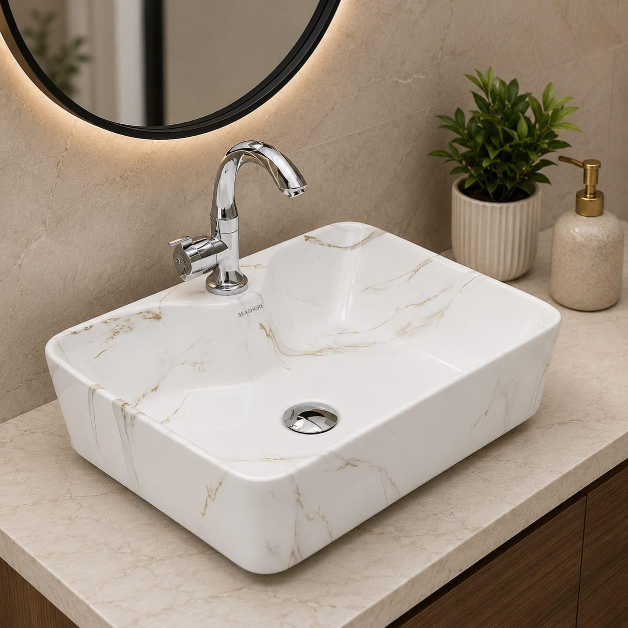 SEA SHORE White & Gold Ceramic Table Top Wash Basin – Slim Rim Over Counter Sink (20 x 15 x 5.5 Inch) 1