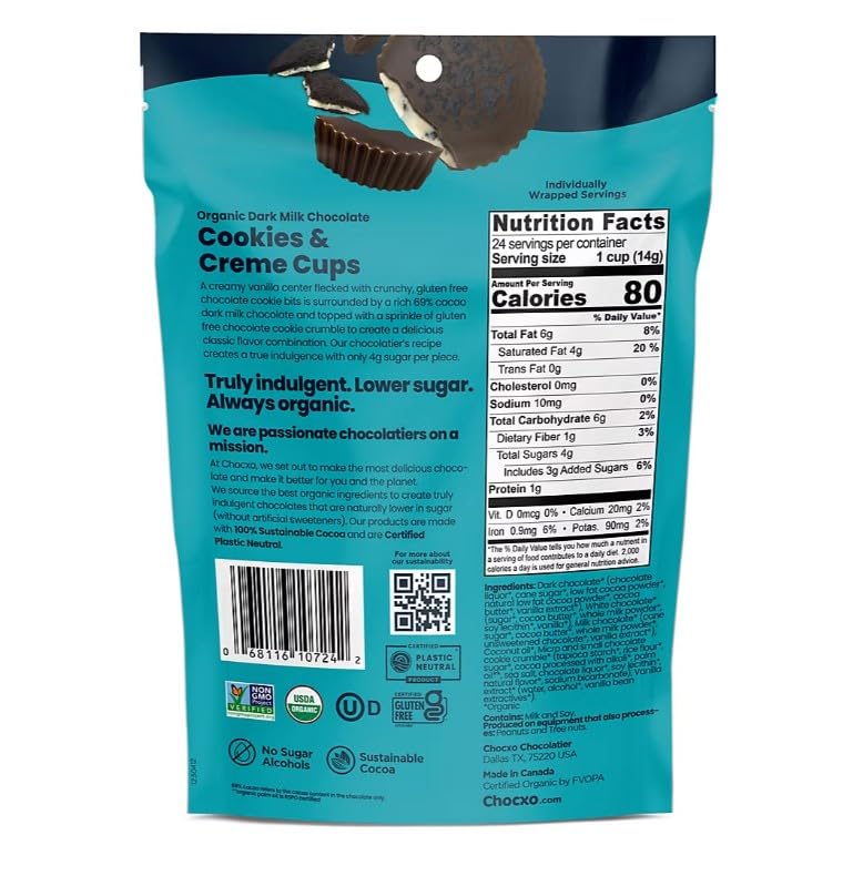 Chocxo Dark Milk Chocolate Cookies & Creme Cups, Individually Wrapped, 11.85 Oz.