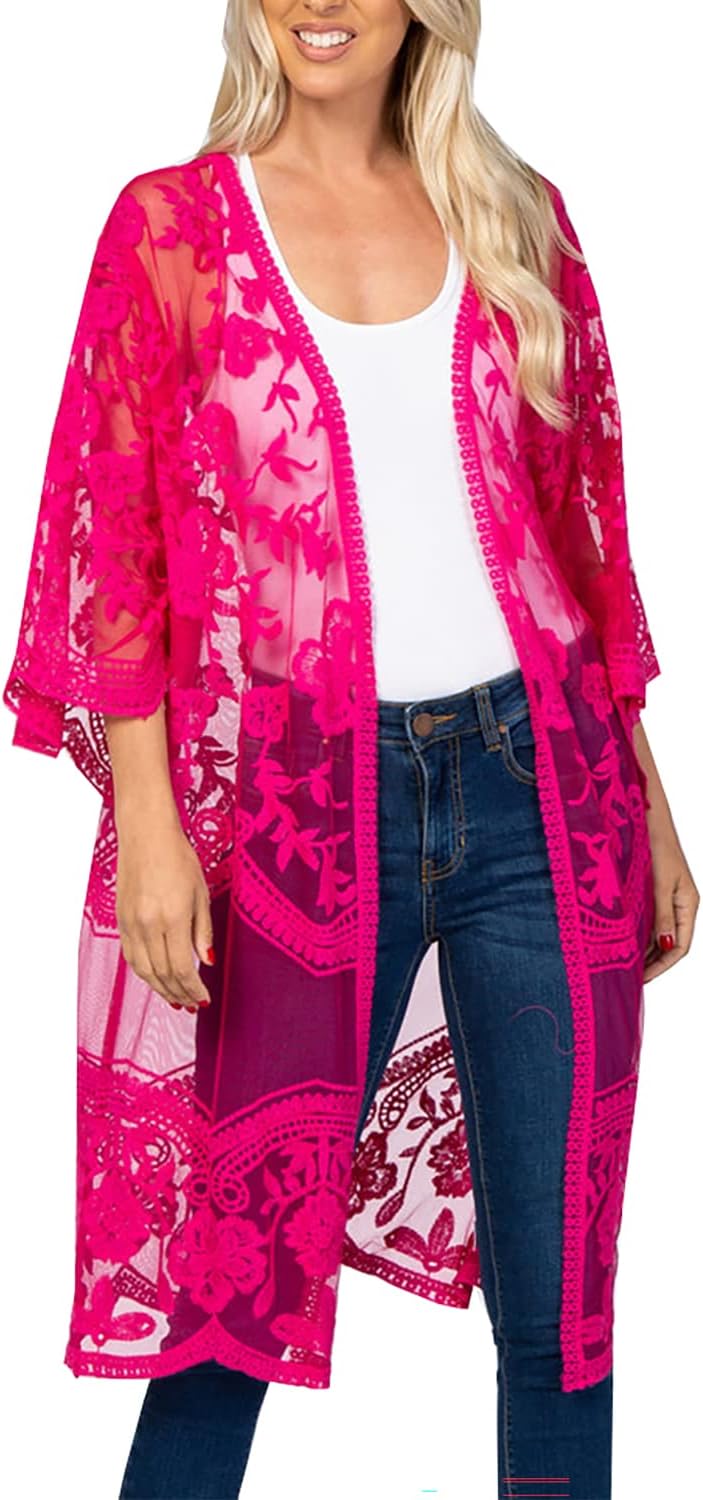 L-Peach Women's Lace Floral Crochet Hollow Bohemian Kimono Cardigan Cover up Seaside Garment