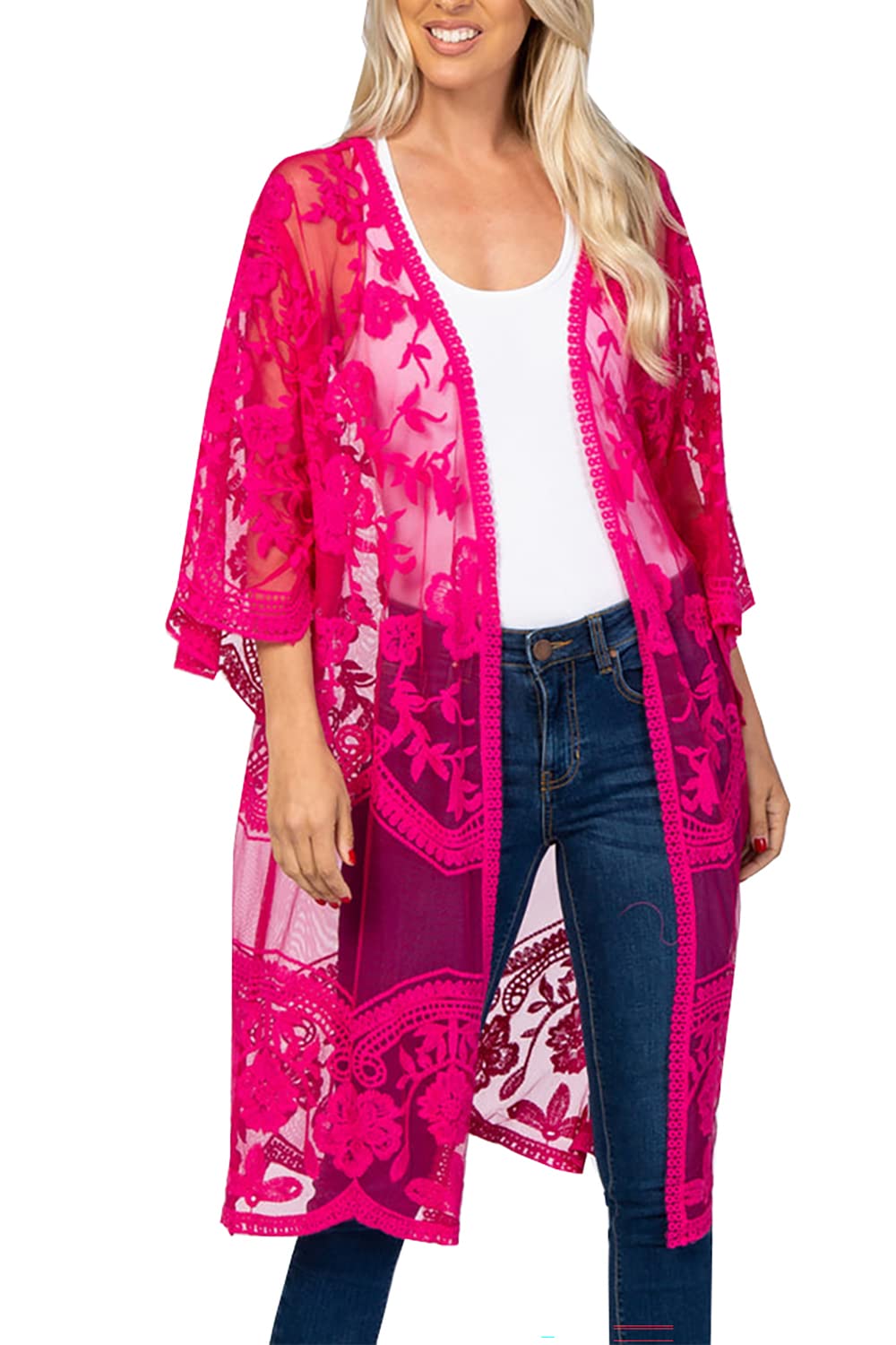 L-Peach Women's Lace Floral Crochet Hollow Bohemian Kimono Cardigan Cover up Seaside Garment
