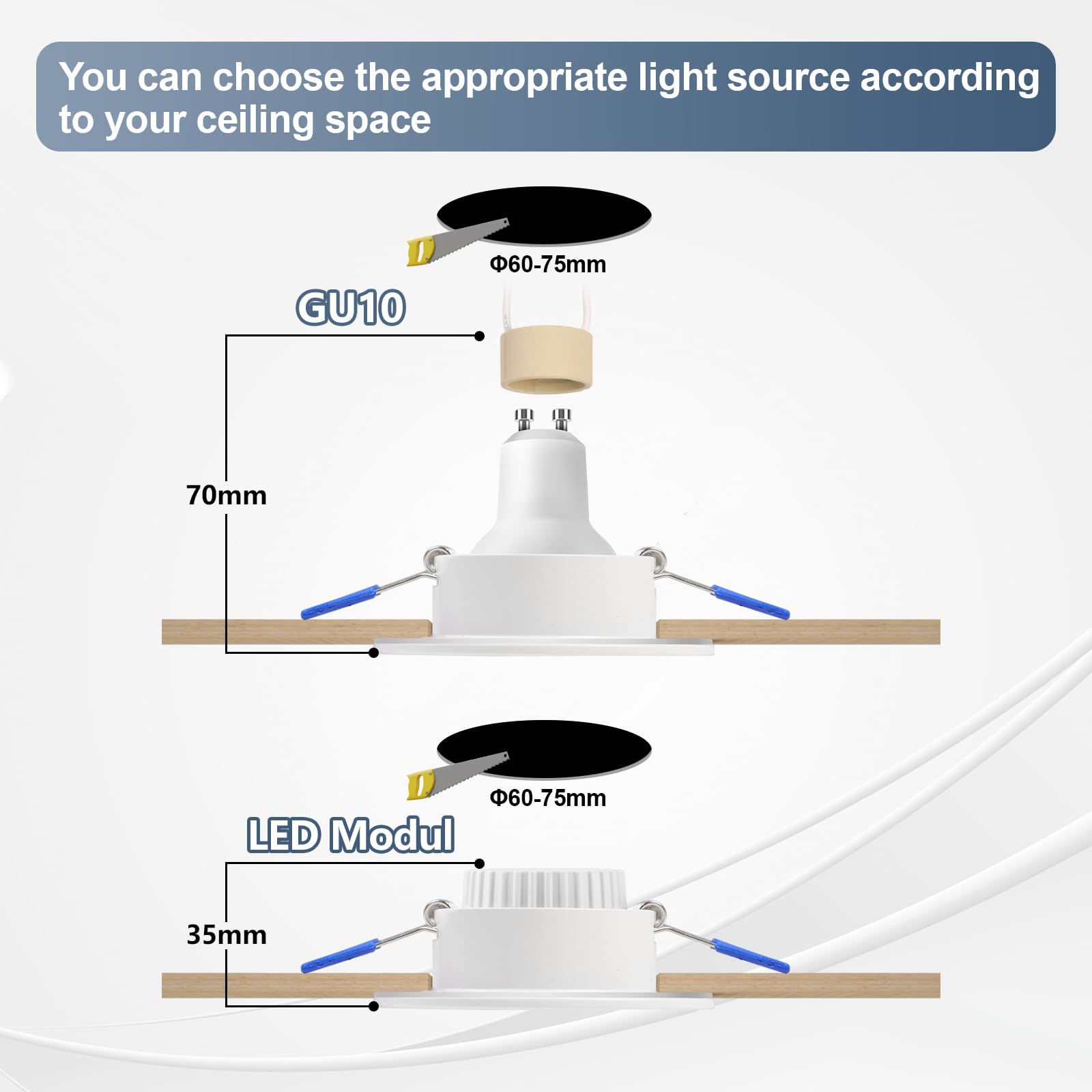 KYOTECH Lot de 4 Spot Encastrable GU10 LED pour Salle de Bain IP44 Spots de plafond 68mm - Cadre Rond Blanc avec Douilles GU10 pour Lampes Halogènes MR16 et Modules LED
