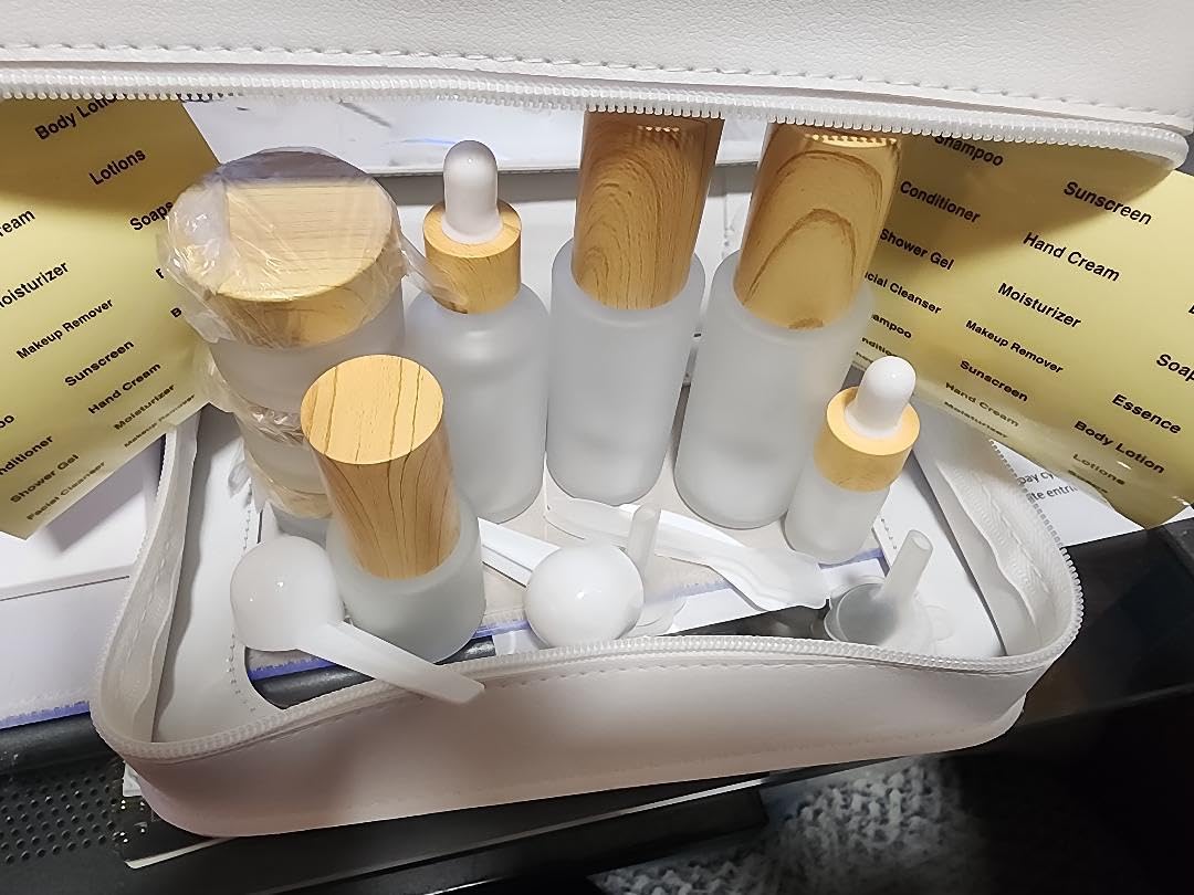 GQIRIL Glass Travel Bottles for Toiletries - 19pcs Skincare Travel Containers with PU Leather Toiletry Bag, Pump Spray Bottle Cream Jar Leak Proof Mini Makeup Containers for Serum Moisturizer Toner