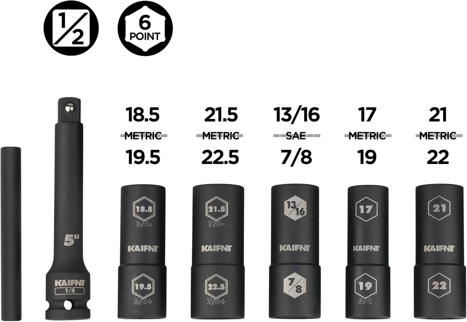 K231 Extra Thin Wall Impact Flip Socket and Knockout Bar Set with Half Sizes, Lug Nut Sockets, 1/2-Inch Drive, 7-Piece