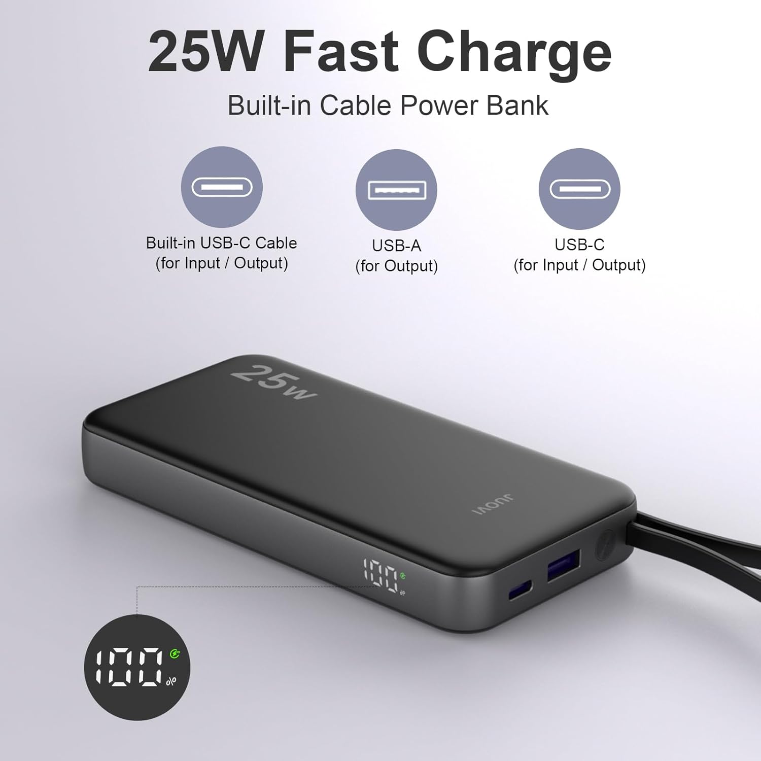 10000mAh 35W Portable Charger + 25W 10000mAh Power Bank with Built-in USB C Cable