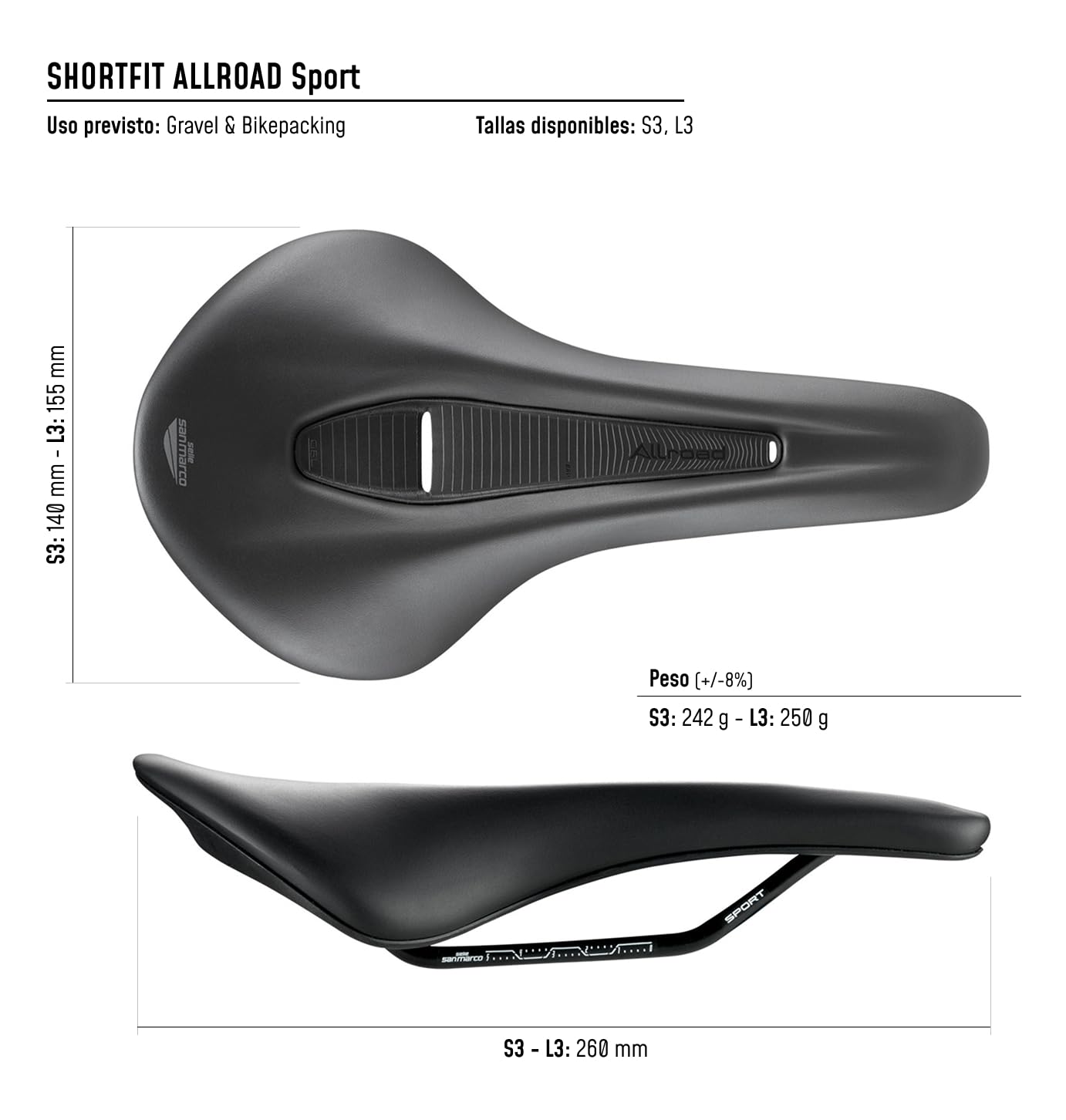 Selle San Marco Shortfit Allroad Sport – Sillín de Bicicleta Gravel y All-Road, Comodidad ergonómica, rieles de Acero