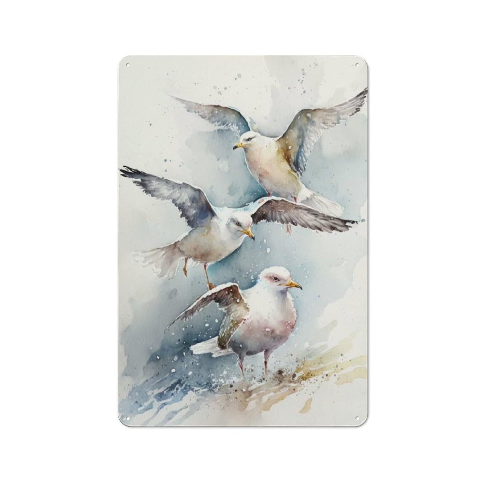 Junmoney Watercolor Seagulls Rustic Metal Sign 30X20cm For Living Room Wall, With Clear Rustic Wall Decor Character