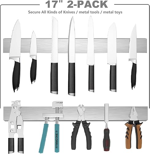 Miniatura 3 de 2 tiras magnéticas para cuchillos sin taladrar (se aplica en el refrigerador), soporte magnético de cuchillos de 17 pulgadas para pared, barra