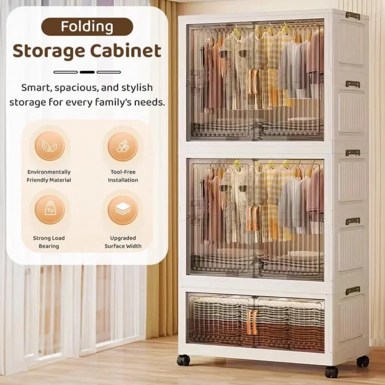 Image of EXVITO Modular Plastic Wardrobe for Bedroom | 2 Tier+1 Bins Foldable Cupboard with Hanging Rod | Stackable Storage Almirah for Clothes with Wheels | Multi-Layer Plastic Storage Cabinet - White