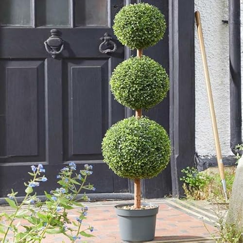 Garden Mile® 4ft Artificial Topiary Trio Tree 120cm Fake Potted Plant Large Round Faux Ball Tree in Plant Pot Outdoor Garden Decoration with Pot Faux Boxwood Ball Bush