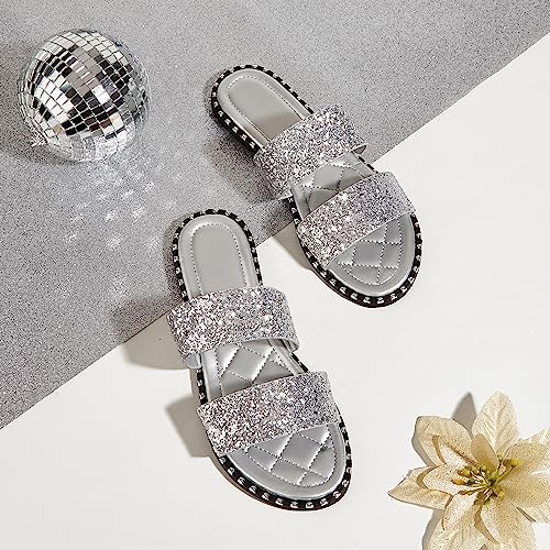 Image of Women's Open Toe Flat Sandals Rhinestone Glitter On Casual Fashion Slippers Quick Drying Indoor & Outdoor Slides