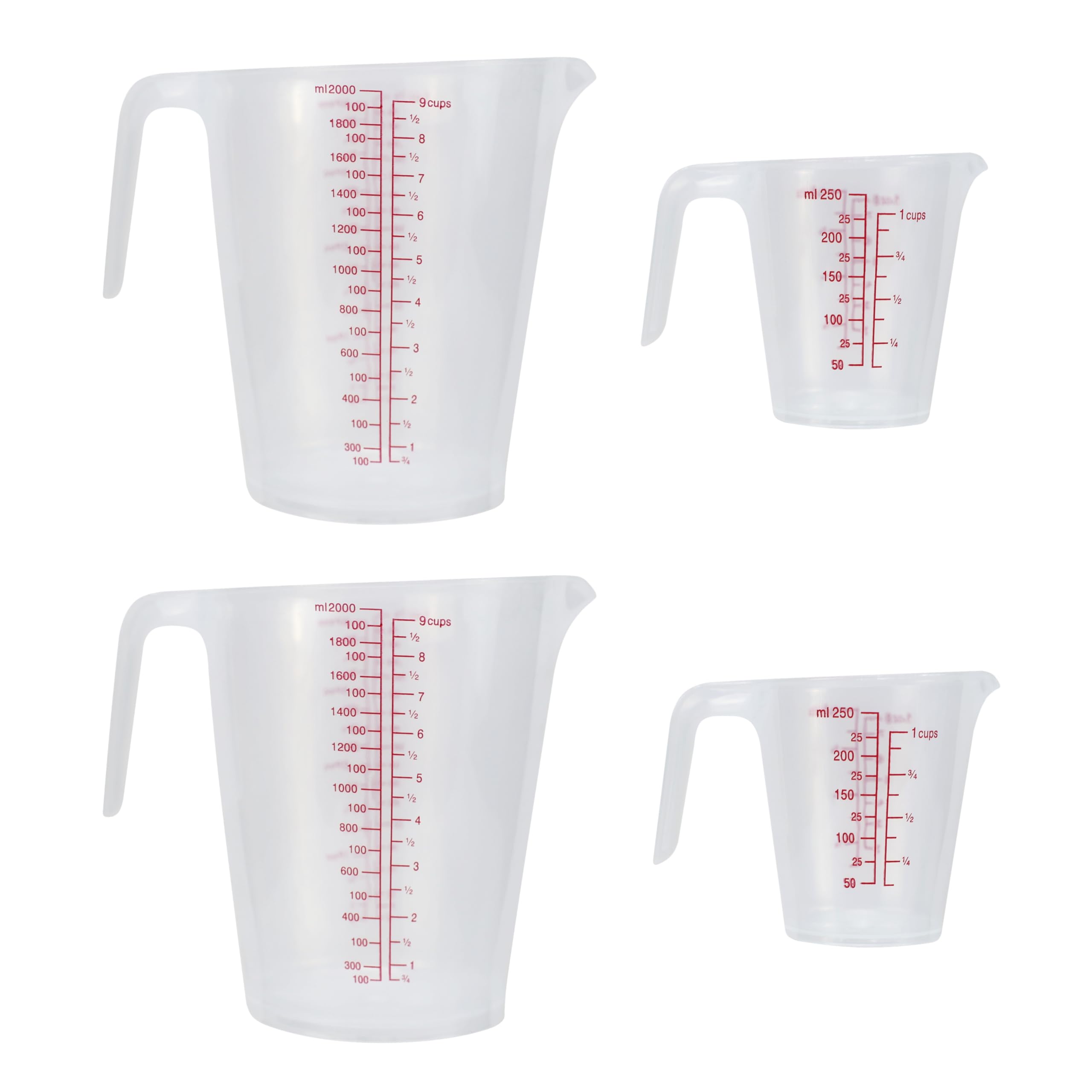 EIKS Tasses à mesurer en plastique pour mesurer le mélange, la cuisine, la pâtisserie, les loisirs créatifs, la peinture (2 000 ml x 2 + 250 ml x 2)