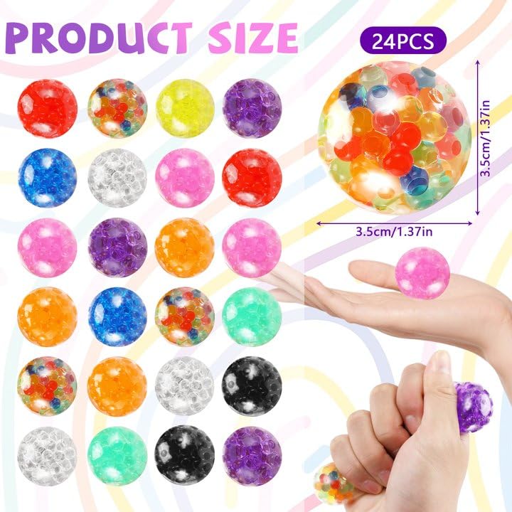 Farerkass 24 Stück Anti Stress Spielzeug Bälle, Mini Mesh Stressbälle Antistressball Kinder Set, Squishy Balls mit Wasserperlen, Squeeze Ball für Angst abbauen und Beruhigung Geburtstag Geschenke