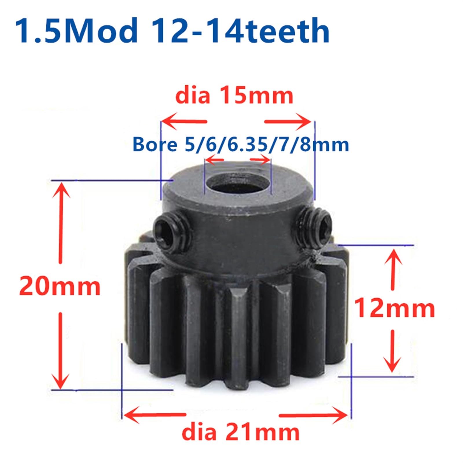 Bevel Gear Pinion Hardware Mechanical 1.5M 14T Spur Gear Pinion 14Teeth Mod 1.5 Width 12mm Bore 5-8mm Teeth Steel Major Gear CNC Gear Rack Transmission(7mm)