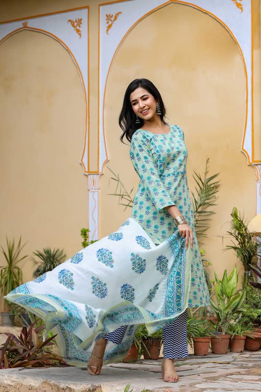 Image of Vaamsi Women's Cotton Blend Printed Kurta Palazzo Dupatta Set (VKSKD1020E 3XL Green)