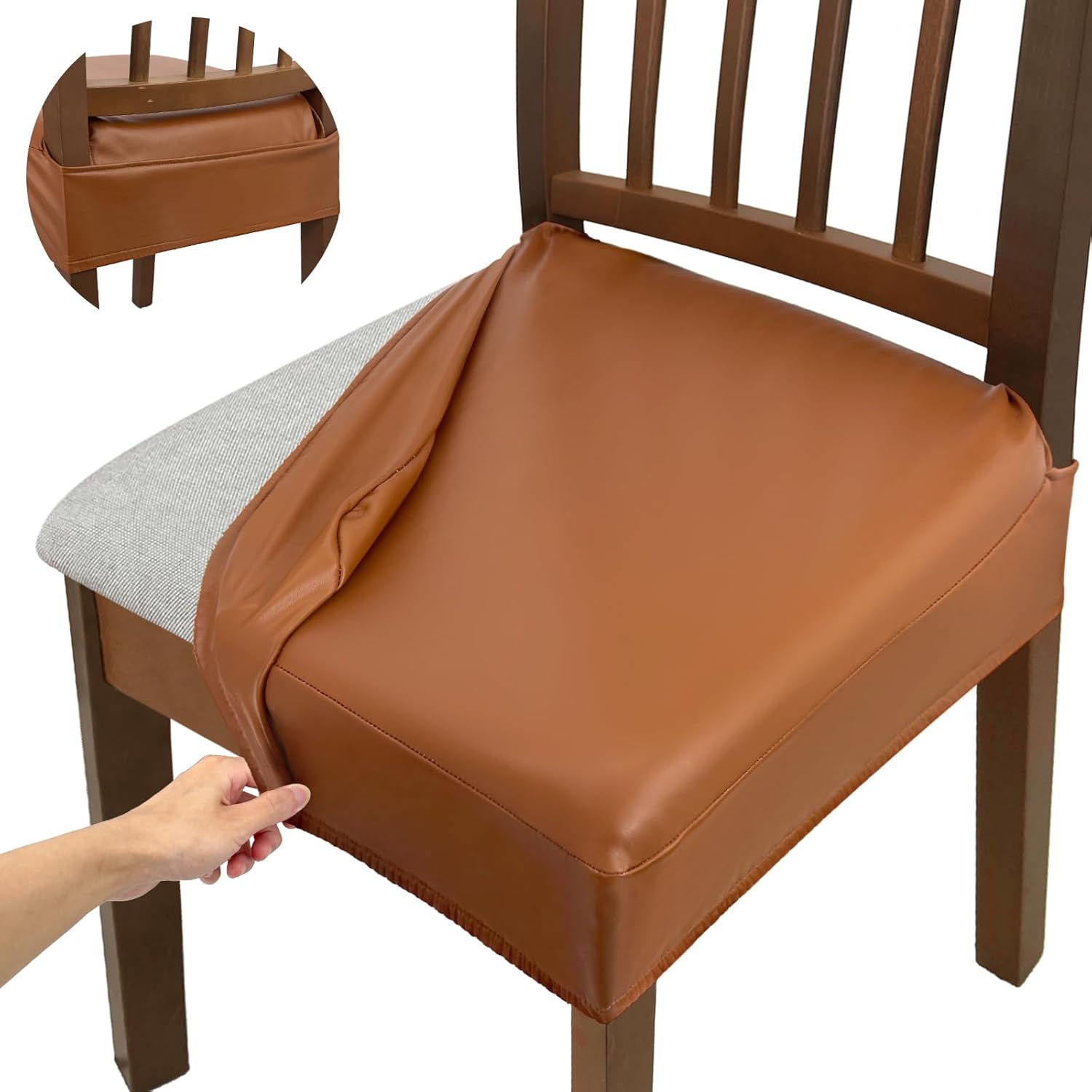 Soft Leather Chair Seat Covers Dining Chairs Set of 4, Waterproof Seat Covers for Kitchen High Stretch & Well-Fitted Chair Covers Dining Chairs with Elastic Ties (Orange, Rear-Covered)