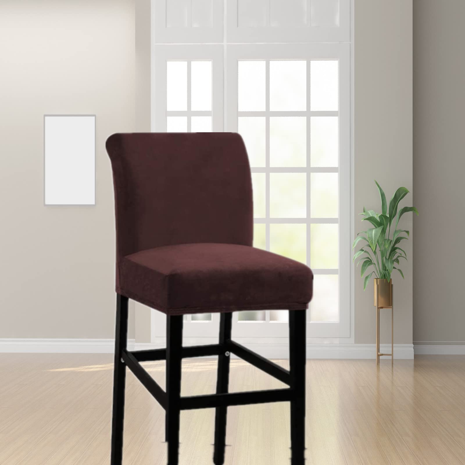 GAMUKAI Velvet Bar Stool Covers Set of 4 - Stretch Washable Barstool Seat Slipcovers for Counter Height Chairs, Non-Slip Kitchen Dining Room Cafe Chair Protectors (Brown, 4)