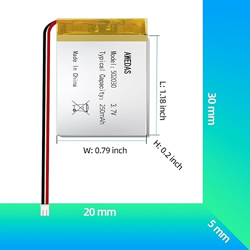 Miniatura 2 de Paquete de 5 baterías recargables 502030 de 3.7 V 502030 compatible con múltiples dispositivos 502030 baterías de repuesto con conector PH 2.54 y PH