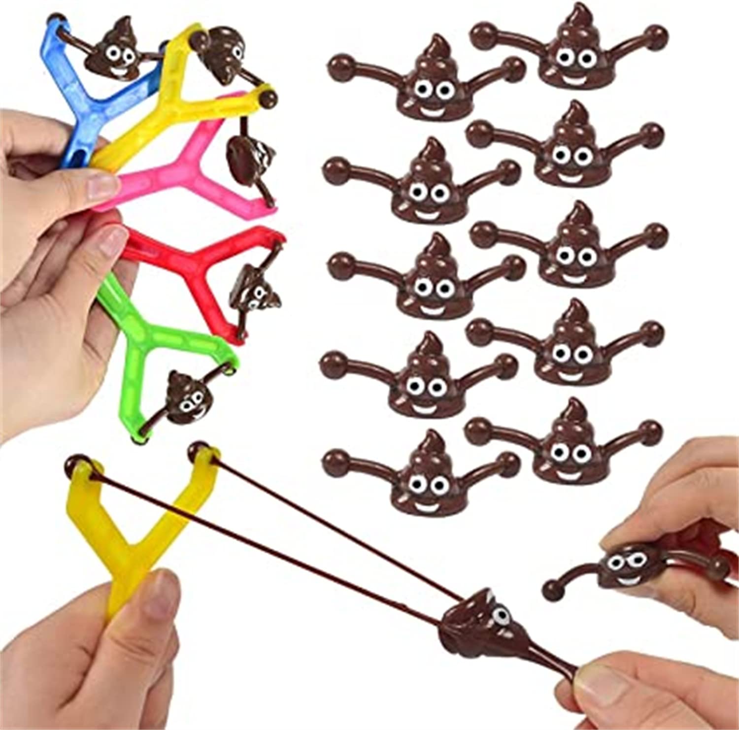 Alfideo Funny Poo Toy,Catapult Poop Sling Shot Toy,Mini Rubber Flying Poop Toys,Funny Poop Toy,Funny Smiling Poop Face Emoticon Shooting Toy,for Kids and Adults (2 Slingshots+20Poop)