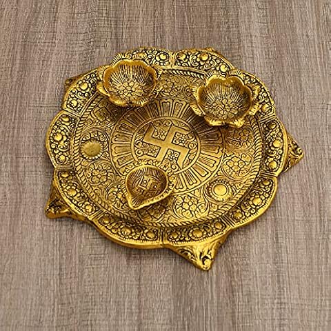 JAIPUR ACE Beautiful Pooja Thali with Diya Gold Plated for Home Temple, Office Temple and Pooja Room-Metal- Dia. 9 Inch Cover