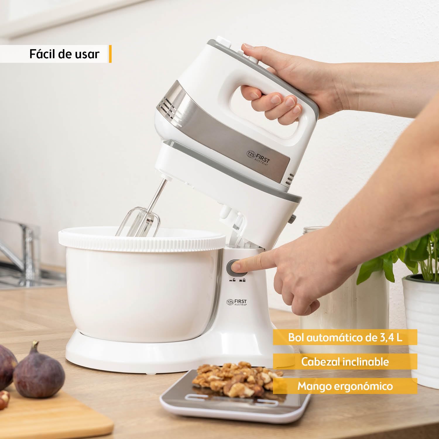 TZS First Austria Batidora de mano y de pedestal 2 en 1 | 3,4 L | Accionamiento automático | 500 W | 5 velocidades | Función turbo | con gancho para masa y varillas