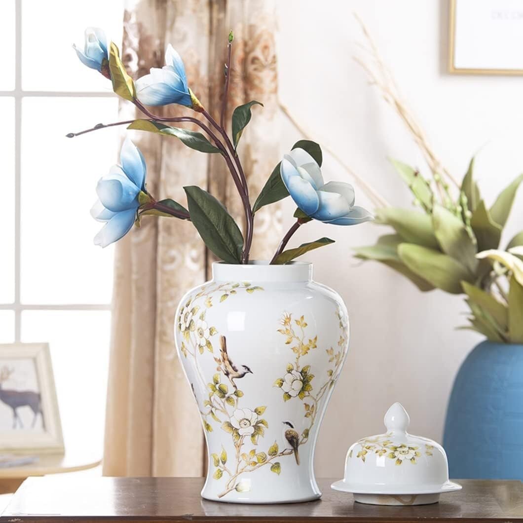 Ceramiczny dekoracyjny słoik z pokrywką, słoik imbirowy do dekoracji wnętrz, wzór białych kwiatów i ptaków, słoik do przechowywania i ekspozycji